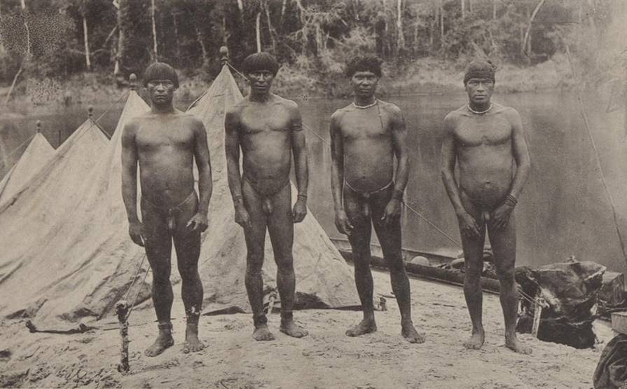 Mehinaku-Männer. Die Sitte, den Penis unter der Gürtelschnur festzubinden, wird bei den Stämmen im Xingu-Gebiet nur zeitweilig praktiziert. Dass man die Hüftschnur ganz ablegt, kommt aber nur selten vor. Mehinaku-Männer. Die Sitte, den Penis unter der Gürtelschnur festzubinden, wird bei den Stämmen im Xingu-Gebiet nur zeitweilig praktiziert.