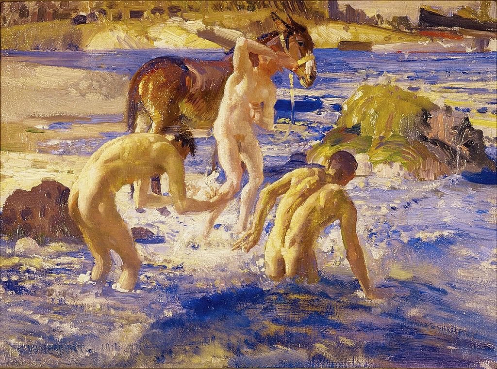 Anzacs baden im Meer, 1914, Public domain. George Washington Lambert<!-- START: ConditionalContent -->, *1873 in Sankt Petersburg, †1930 in Cobbity (Australien), war ein australischer Künstler, bekannt für seine Porträts und als Kriegsmaler während des Ersten Weltkrieges. Das »Australian and New Zealand Army Corps« (ANZAC) war ein Armeekorps der Streitkräfte des Britischen Empire im Ersten Weltkrieg; es wurde aus Australiern und Neuseeländern gebildet.<!-- END: ConditionalContent -->